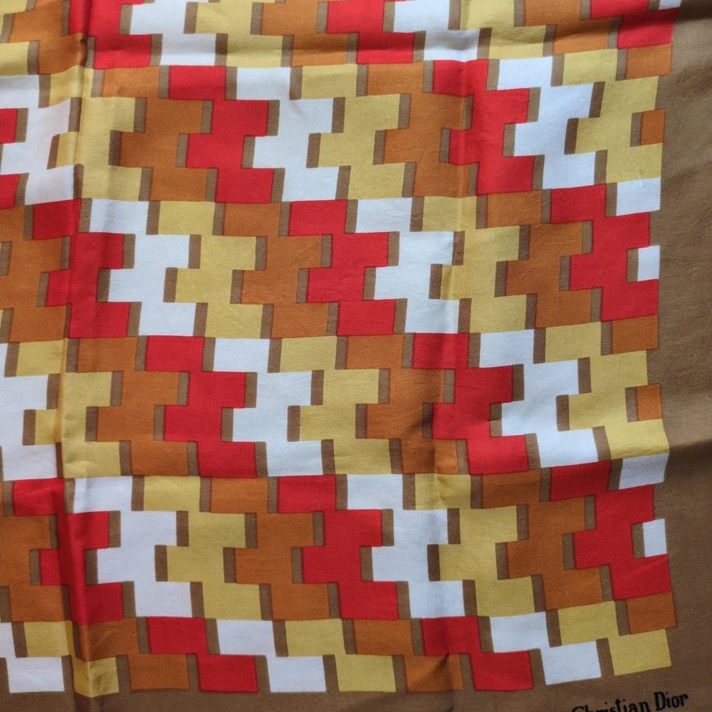 Vtg Christian Dior Silk Scarf Brown Red Geometric Brick Logo Italy Made 26in